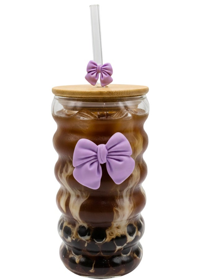 Premium 480ml Ribbed Glass Tumbler with Bamboo Lid & Glass Straw – Cute Aesthetic Iced Coffee Cup Featuring 3D Purple Bow Decoration – Reusable Wavy Drinking Jar for Smoothies, Boba Tea, Mojito, Juice, Soda & Cocktails – Trendy Coquette Style Glassware Gift for Women & Girls – High-Quality Borosilicate Glass Sipper - Image 1